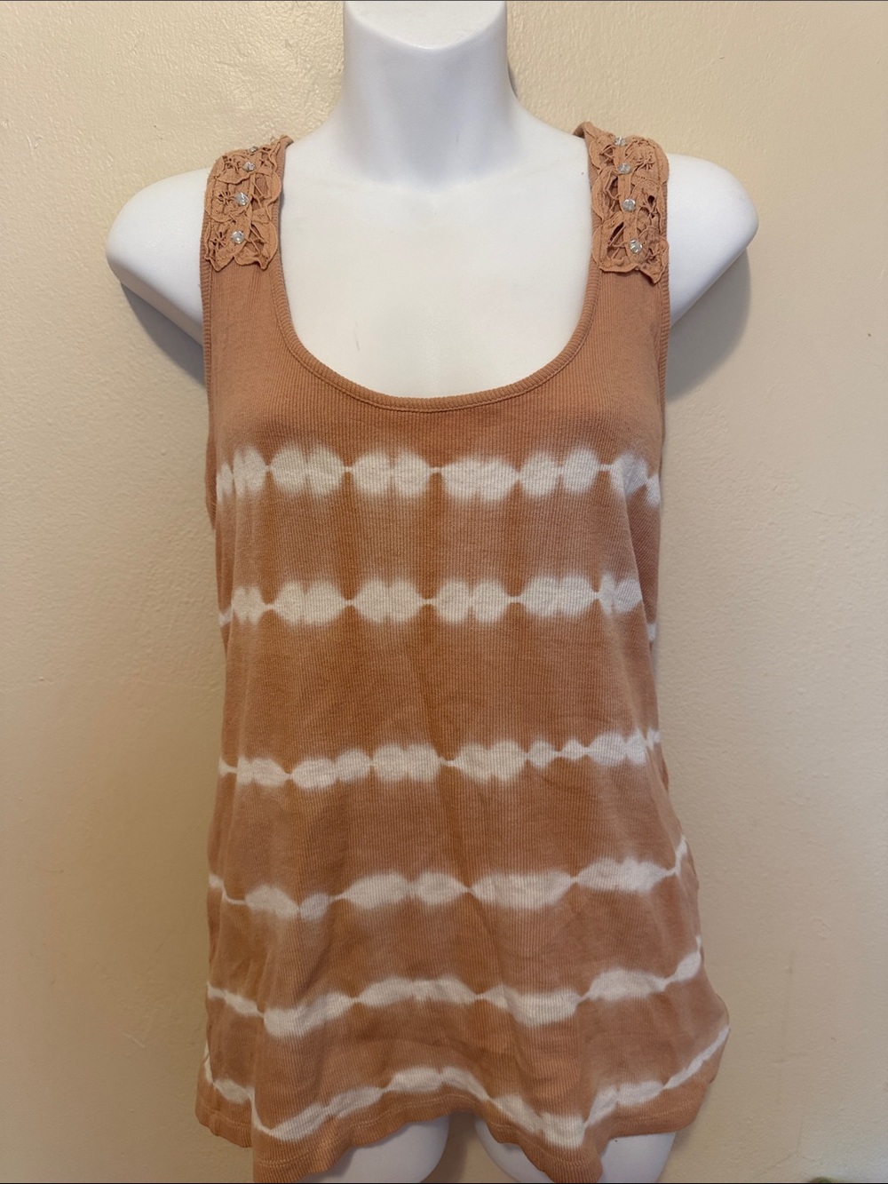 VENUS Tan & White Tie-Dye Scoop Neck Tank with Lace Straps